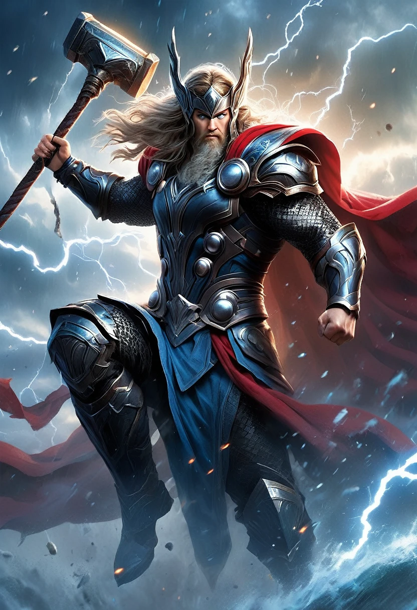 ((Heroic Fantasy)) Painting, Thor torso shot, medium shot, (((Thor God of thunder and justice))) best quality, ultra-high resolution, 4K detailed CG, masterpiece, long hair and beard, Norse Mythology, heroic fantasy epic painting style, Fantasy style aesthetic