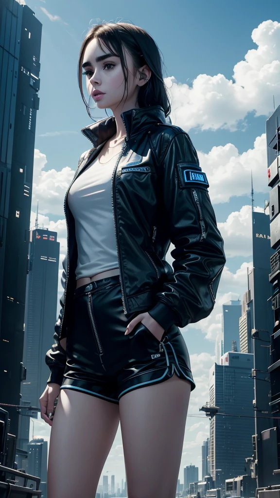 Lily Collins,Tall stature,skin,Top shorts,Black shorts,Buttons,zipper,Complex workmanship,icon,company logo,Emit blue light,background,Future Technology,Cyberpunk City,,big gear,Wind,Blue sky and white clouds,