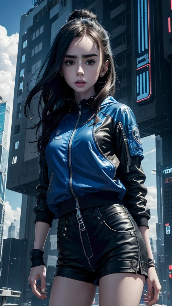 Lily Collins,Tall stature，skin，Top shorts，Black shorts，Buttons，zipper，Complex workmanship，icon，company logo，Emit blue light，background，Future Technology，Cyberpunk City，，big gear，Wind，Blue sky and white clouds，