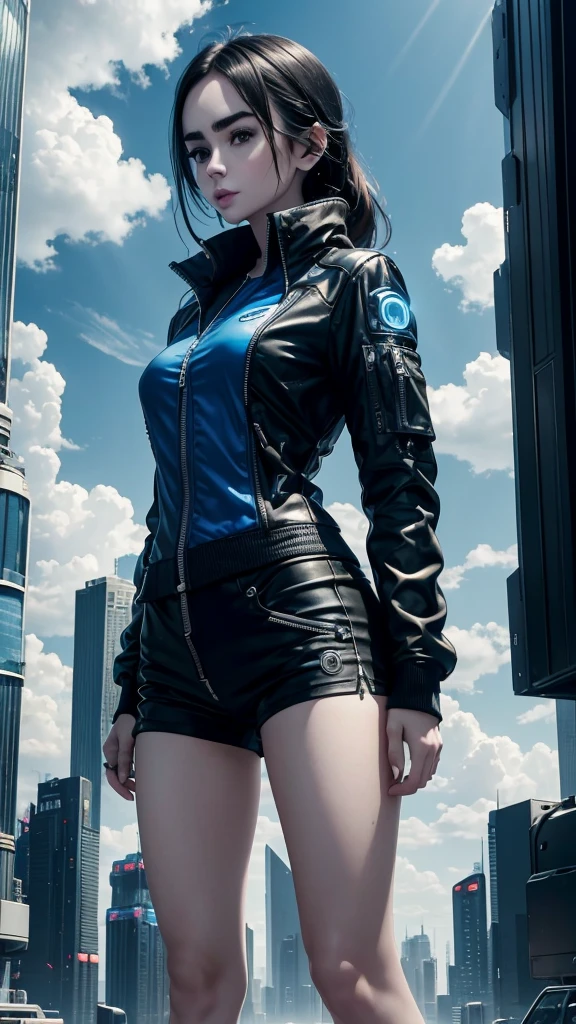 Lily Collins,Tall stature,skin,Top shorts,Black shorts,Buttons,zipper,Complex workmanship,icon,company logo,Emit blue light,background,Future Technology,Cyberpunk City,,big gear,Wind,Blue sky and white clouds,