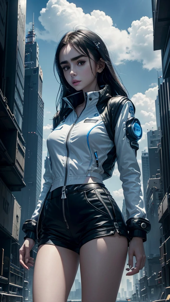 Lily Collins,Tall stature，skin，Top shorts，Black shorts，Buttons，zipper，Complex workmanship，icon，company logo，Emit blue light，background，Future Technology，Cyberpunk City，，big gear，Wind，Blue sky and white clouds，