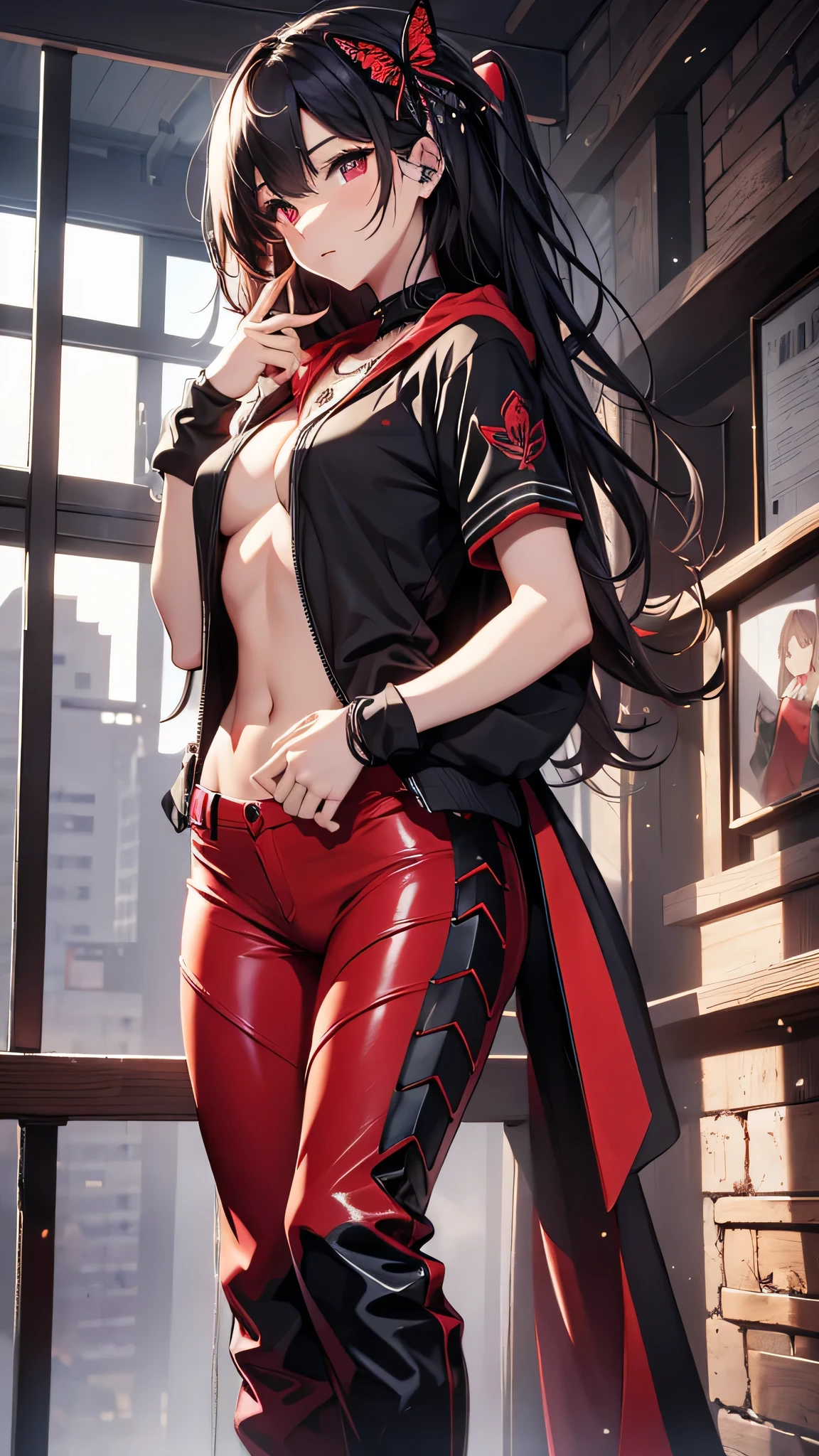 Highest quality、Highest quality、Masterpiece、girl((Metal body,Age 25、as soon as、Highest Bust、Medium Bust、Wide open chest、Red glowing eyes、Black Ear、Red Mesh、Disheveled Hair、Loincloth、thin、The best valley、Open chest、Luminous Wristbands、hair ornaments、Full body view、Black short-sleeved hoodie、Red pants、scar、cell phone、A little muscular、Ruby Necklace、No underwear))、high quality、Beautiful Art、background((night、Concert Hall、Black Bird、Black butterfly))、flight、Flying Debris、Depth of text、movie、Visual Arts、Perfect Art、8K、Genuine、