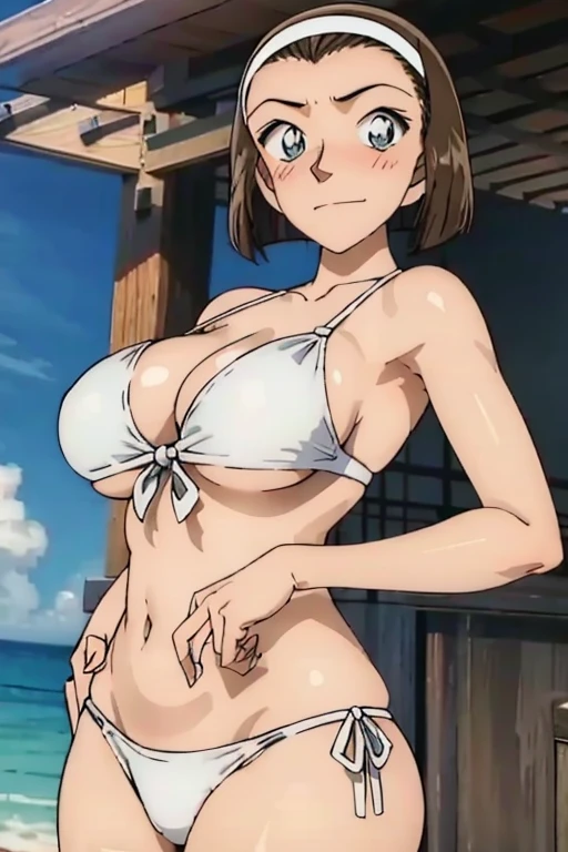 masterpiece, 16k, Japanese, 1 female ,60 years old ,(White Bikini:1.2) ,(Big Breasts:1.5) ,Cleavage ,Chubby, Realistic, double eyelid, Textured skin, 1080p, Canon, 8k, Very detailed, Accurate, highest quality、impatience、Sweat:1.5、blush、Embarrassed face、smile、（Small waist、Big Ass）