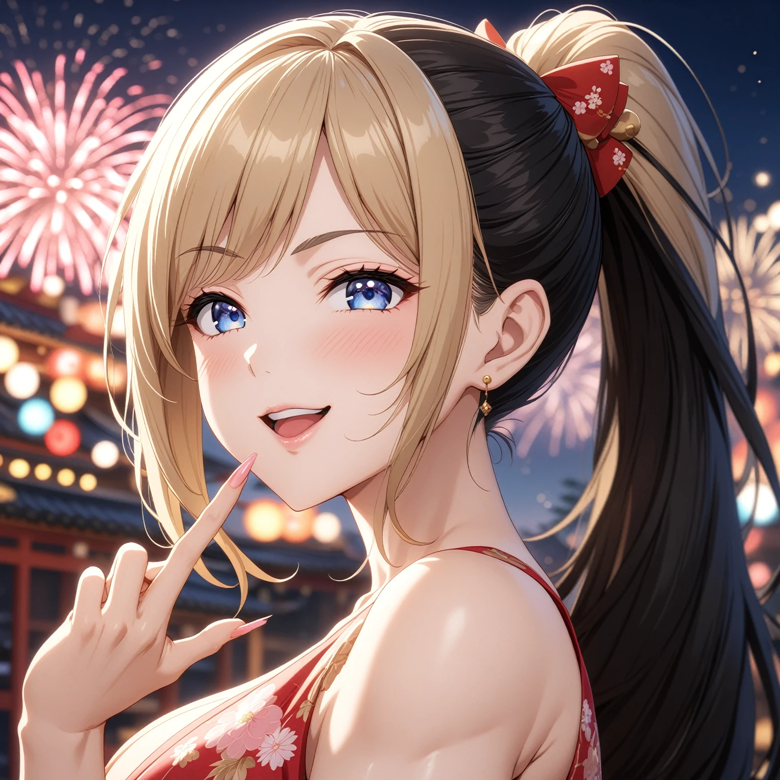 ((one personの女性)), Beautiful Face,Fun and fun,Blushing,(Wink:2.0),Laughing with your mouth open,Facial lighting,Glossy lips,Abstract, night,Shrine festival sexpensives,firework, ((Anime style background)),masterpiece, highest quality, so beautiful, up to date, Complex details, (Pink long nails),AI-generated, Complex,High resolution, highest quality, super high quality,3D Images、View your audience、3D Images,one person,Long Blonde Hair,(Black hair at the hairline),High Ponytail,blue eyes,Anime woman posing for a photo, [[fine grain、Colorful eyes、Shining Eyes:1.15]],(Squint your eyes:1.1),a hyperRealistic , hyperRealistic , Realistic , Blonde anime woman with long hair, Smooth anime CG art, A woman in a gorgeous kimono embroidered with gold, Black kimono,Pink floral pattern,Floral long hair ornament,Earrings,(Big Breasts:1.4),Mature Body,expensive,Big Ass,Fine details,Trained abdominal muscles,(鮮やかな浴衣を着た若い女性が日本の祭りでone personで立っている。, her eyes wide with wonder as she watches the spectacular fireworks lighting up the night sky)