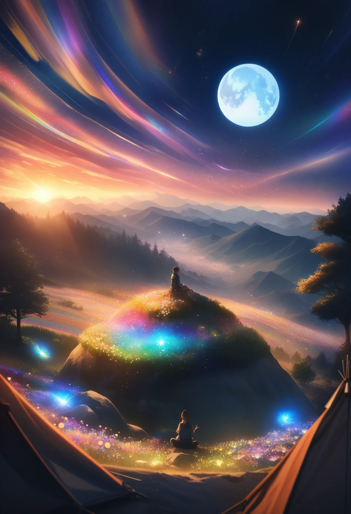 Comfortable campsite, Outdoor Camping, (tent), flashing, H, View Viewer, Solo Focus, Dynamic angle, Ultra-fine, Depth of Field, Wide-angle lens, Wide-ranging landscape photos ,( The field below as seen from above), Man sitting on flower field, (Full Moon), (meteor), (nebula), Distant Mountains, Tree , making art, (Warm light source), (firefly), lamp, Intricate details, Volumetric Lighting , (best quality), Extremely detailed, (dynamic composition), Very detailed, rich and colorful details,( Rainbow Colors), (Luminous lighting, Atmospheric lighting), Dreamy, magic, lens flare, (rich and colorful), lamp光, high resolution, Clear focus, Smooth, rich and colorful light, particle, Galaxy color scheme