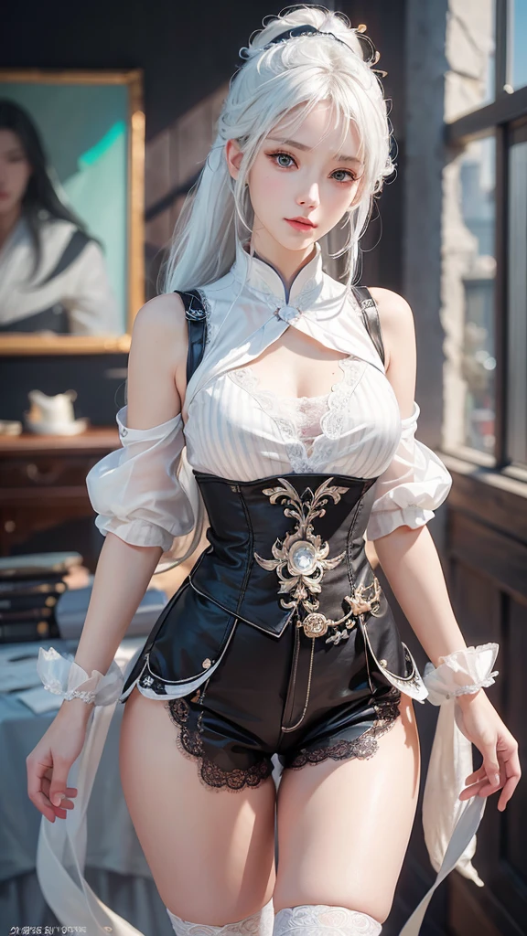 a white hair、Close-up of woman wearing white mask, beautiful figure painting, guweiz, Gu Weisz style artwork, White-haired god, author:Yang Jie, Epic and beautiful character art, Stunning character art, author:Fan Qi, by Wuzhun Shifan, guweiz on pixiv artstation street, Single ponytail, Insult, High Ponytail, Tall stature, Long legs, (sleeveless lace shirt), (shorts), (Striped )), ((Striped )), Walk, elegant, dignified, Feminine, Beautiful curves, sweet smile, Strong sense of detail and layering, color丰富绚丽, Has a unique texture, rich and colorful, color, vivid, Design Art, 16K, Super detailed, {{illustration}}, {extremely delicate and beautiful}, {Exquisite surface treatment}, Super detailed, Delicate and shining eyes, {{light}}, 极致light效果, Model: realism, CFG scale: 12, Lola: Bright texture (1.35), high quality, masterpiece, Exquisite facial features, Delicate hair depiction, Detailed depiction of eyes, masterpiece, best quality, Ray tracing, Extremely detailed CG unified 8k wallpaper, masterpiece, best quality, (1 girl), Perfect female body, (((Skinny white T-shirt))), beautiful eyes, (Delicate face), Black short hair, hair tied up, Light blue hairpin, Black silk frame glasses, In class, (White skin), (Optimal lighting), (Super intricate details), 4k unity, (Super detailed CG), Showing off her white legs, , Hot Pants, shorts,
