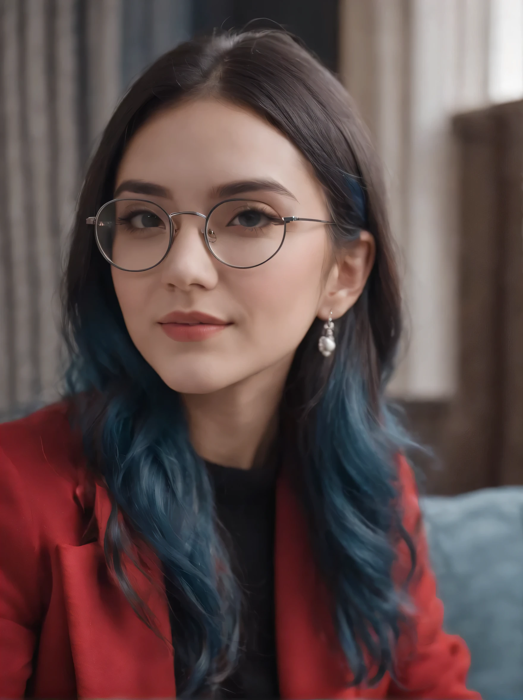 young girl, blue long hair, round black glasses on the face. Black top, red jacket. silver earrings in ears, playful smile, sitting on the sofa