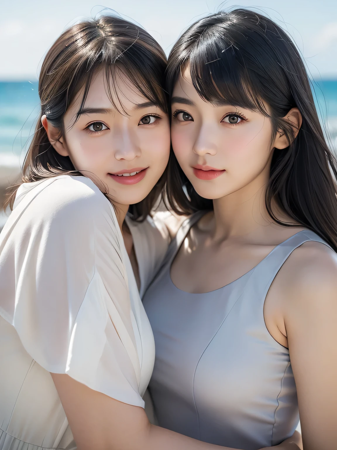 Japanese face,Beauty,Girl,bear,Worried brow,Slanted Eyes,Fair skin,With bangs,beautiful,White dress,Double eyelids,round face,Pause,laughing,Gal,Gray Hair,Dark circles under the eyes,round face,Raccoon face,The angle of the face is oblique,Ocean,sunlight