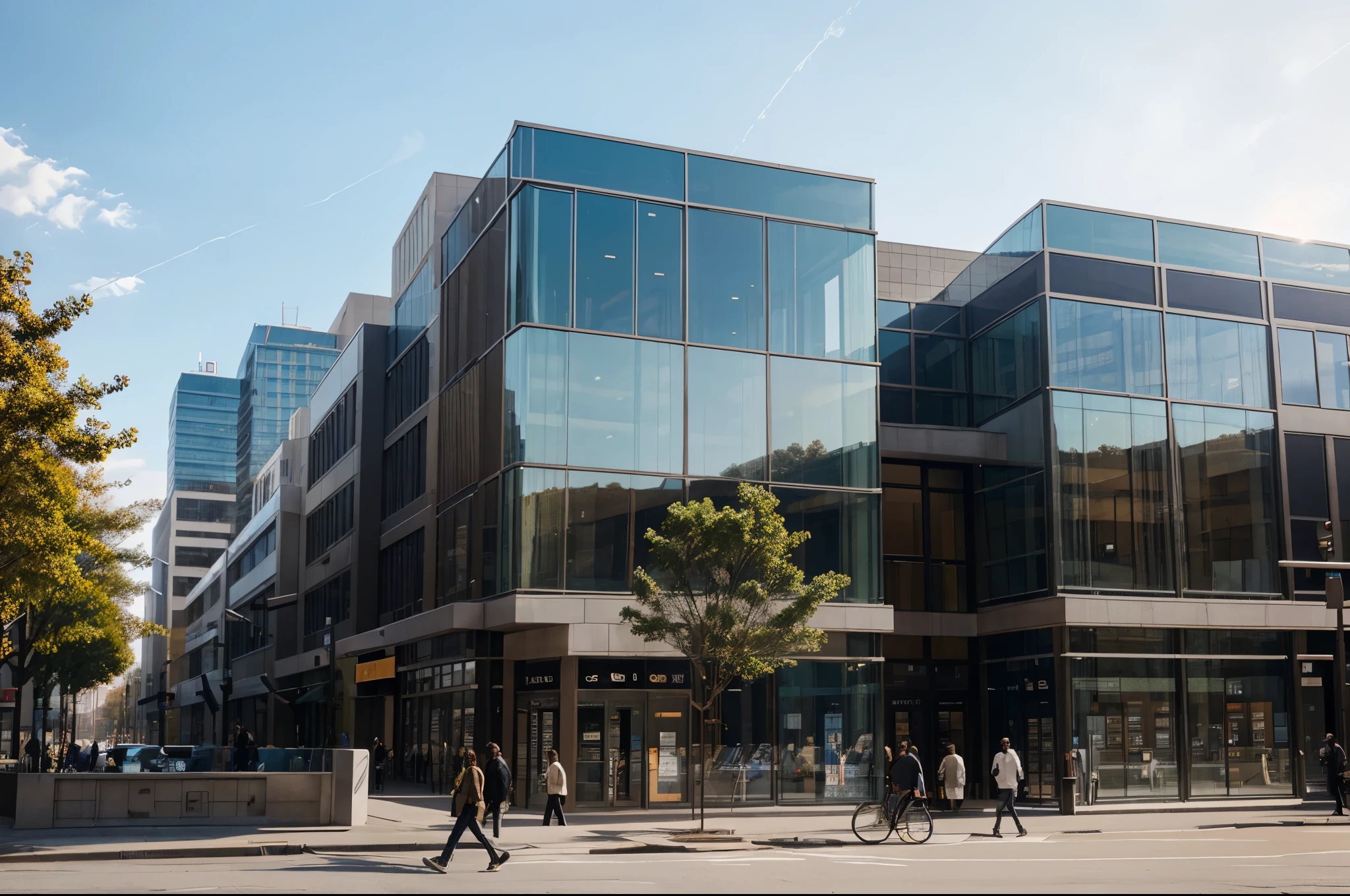 a modern library store with glass facade, situated in the center of a large city, in front of a public square, detailed architectural exterior, high ceilings, large windows, minimalist design, sleek modern furniture, books on shelves, sunlight streaming in, people walking by outside