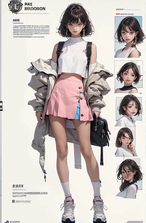 Illustration of a girl wearing for school, a short skirt, high tecnorogy, hand bag, school satchel, Full body character sheet, Full body illustration, behance hd, Full body painting, Detailed full body concept, Official character illustration((()),((night)),fashion model pose