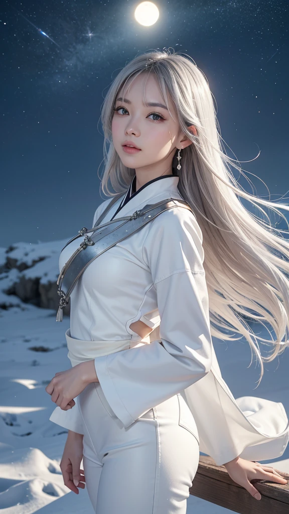 (Logo, masterpiece, 8K, On the table, RAW photos, wonderful, 最high quality, Photorealistic and hVery detailed CG integrated 8K wallpaper, high quality, Very detailed, narrative poem, Particle Effects, dynamic effect, Written border depth, light, lens flare, Ray tracing, Anatomically accurate)), fantasy, 1 Beautiful woman, Silver Hair, Clear eyes, long Silver Hair, Pretty Face, serious, Beautiful and delicate eyes, Beautiful skin, 長い髪がWindでなびく, long hair bouncing, 長い髪がWindで踊る, hair jump, Jewelry, Hips up, beautiful eyes, Long hair sling, White leather pants, White leather jacket, Silver earrings, Silver earrings, night, Wind, blue full moon, night空, Beautiful background, のWind, xianxia, Auspicious Clouds, 雪とFrost, Very cold winter day, Snow Mountainや森, Frost, Snow Mountain々, Frost树的美丽与光辉, The tranquility and beauty of the snowy world, Tattoo, Hanfu, Chinese Fairy, Taoist costumes