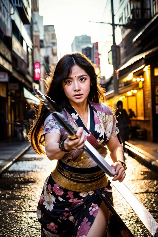 (((Holding a sword)))、(((Tears running down my cheeks)))、Beautiful Japanese Supermodel Women, Hair with subtle highlights, Big black eyes, sexy，Street background，Gorgeous kimono （Floral）,Dimples、 Backlit shooting，perfect face lighting，Mixed Media