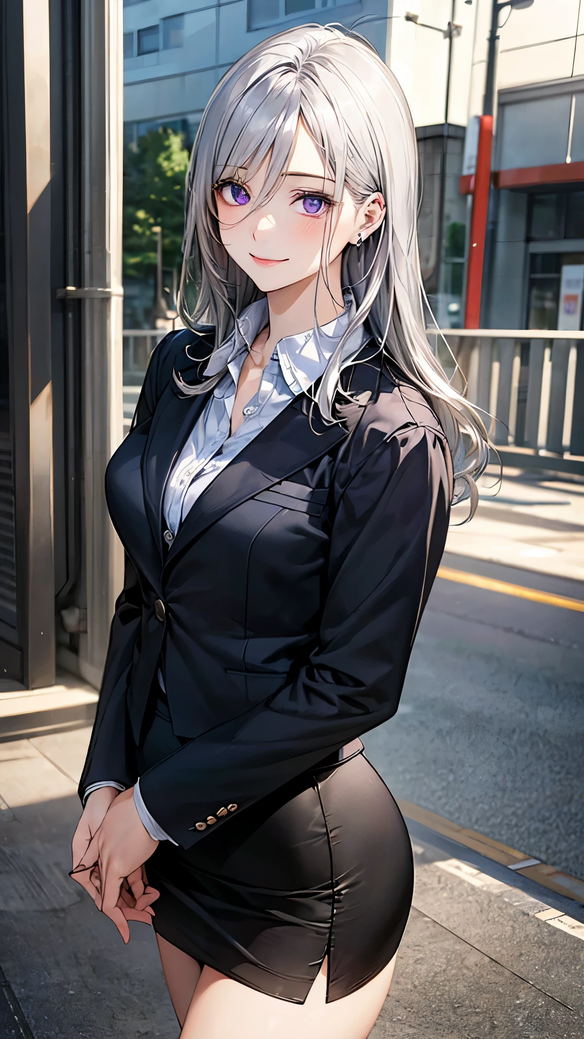 (masterpiece:1.2, top-quality), (realistic, photorealistic:1.4), beautiful illustration, (natural side lighting, movie lighting),
looking at viewer, cowboy shot, front view, 1 girl, japanese, high school girl, perfect face, cute and symmetrical face, shiny skin, babyface,
(long hair, straight hair, silver hair), hair between eyes, purple eyes, (middle breasts, seductive thighs, big ass), piercings,
beautiful hair, beautiful face, beautiful detailed eyes, beautiful clavicle, beautiful body, beautiful chest, beautiful thigh, beautiful legs, beautiful fingers,
((long sleeves, white collared shirt, black suit jacket, black pencil mini skirt), id card, strap, black high heels),
(beautiful scenery), evening, park, walking, (lovely smile, upper eyes),