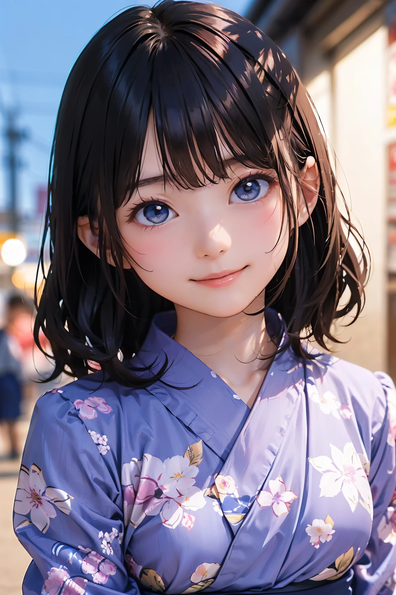 masterpiece,8k, (highest quality), (Best Shadow),((festival)),(night),Dynamic Lighting, (Maximum resolution), (smile),Backlight,Highly detailed face and skin texture, Delicate eyes, Dark blue eyes, double eyelid, Natural Cheeks, White skin: 1.2, (Glossy lips: 1.4),(pretty girl:1.3),(19 years old), (Wavy long hair), ((Dark brown hair:1.2)),((many floral printed yukata)),(crimson color yukata),(bell sleeves),huga breasts,thigh,(((pink and blue color clothes)))