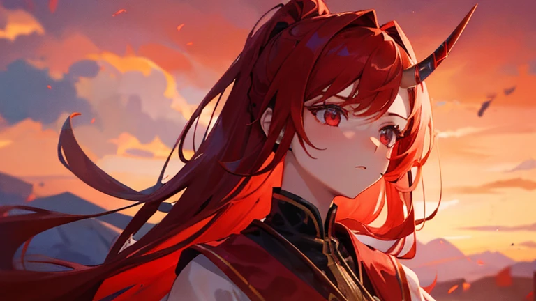 girl with red long hair, hair tied up, eyes upturned, cool girl, red royal clothes, 8k resolution, red sky, horn, magic