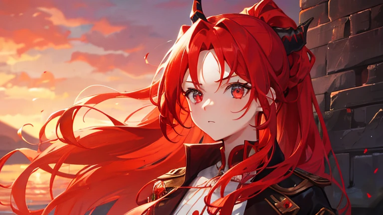 girl with red long hair, hair tied up, eyes upturned, cool girl, red royal clothes, 8k resolution, red sky, horn, magic