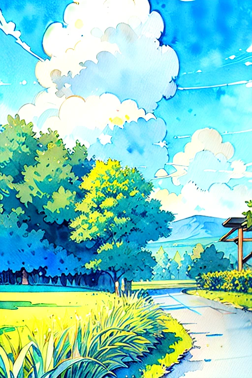 No humans, Outdoor, null, wood, scenery, Traditional Media, Day, cloud, plant, blue null, road, Bush, Grass, Painting (Moderate), watercolor (Moderate)