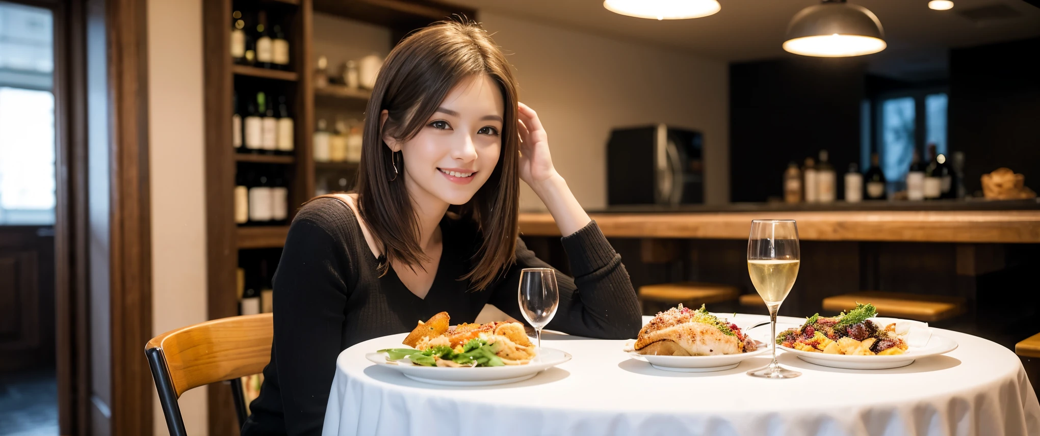 ((highest quality、8k、masterpiece:1.3))、1 male、1 female、Couple、spouse、Couple、Slim body、((Bob Hale、Straight hair:1.2)), (Realistic, Intricate details:1.2), Wine glass on the table、Shine light on your face、 Amazing view of the sunset sky and clouds、Amazing mountain views、A bright smile、The wonderfulness of smile、Bright image、The beauty of wine, Beautiful Face, blue eyes, The light shines on your face, Blushing, short hair,Bright Face、 (Age 37), 39 years old, red wine 、Appetizers、Italian food、Wine bottle、Champagne、sparkling wine、Two beauties、Brown Hair、Shortcuts、Long sleeve shirt、dress、Pretty Woman 1, (Slim face), (The body is slim), (Brown Hair), (Shortcuts), cheeks turn a little red,Attractive beauty、restaurant, In a prominent place (From the waist up) Nova Frog Style, actress, model, Upper Body, White wine, slim, wine glass, Wine glass placed in the center, smile, (smile: 1.15), Beautiful fine grain, Depth f/2,saturation, High Contrast, Strong light and shadow,Moist Body:1.5、3D texture、Delicate eyes、Brown Hair、The hair is very shiny、