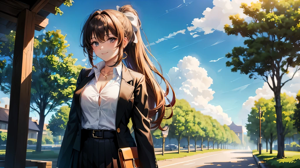 1girl, full body, solo, summer, village, trees, sun, clouds, ((colorful hair)), long hair, curly hair, ponytail, large breasts, ((black blazer)), button down shirt, ((white shirt)), ((short sleeved shirt)), ((unbuttoned shirt)), unbuttoning buttons, cleavage 1:3, brown eyes, skirt, smile, looking at the viewer, standing, hair ribbon, golden necklate