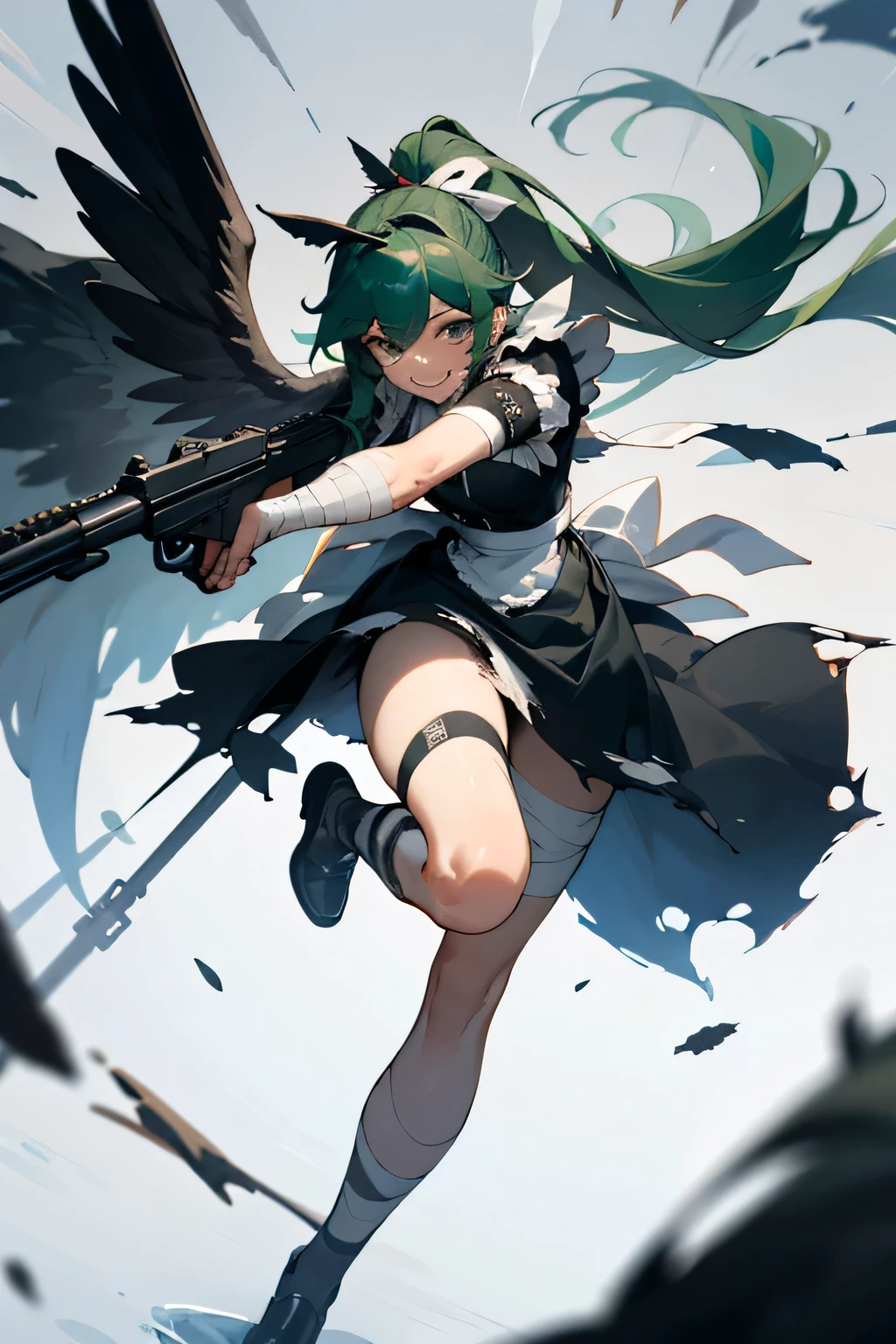 ((best quality)), ((masterpiece)), (detailed), torn clothes, gun shooting pose, eyes covered with bandage, battle maid, long hair, dark green hair, handsome woman, I closed my eyes with a bandage, bandage, scarred legs, X-shaped scar on face, high ponytail, grinning expression, Posing with a machine gun, wings on back