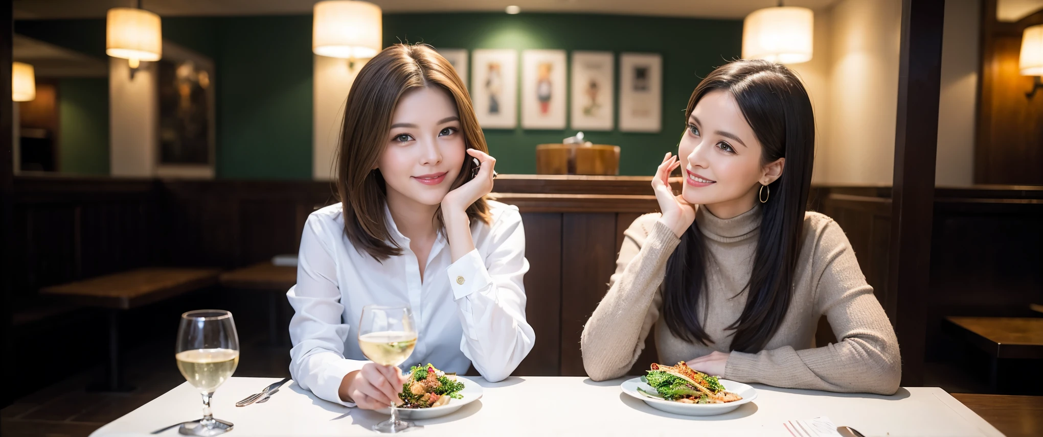 ((highest quality、8k、masterpiece:1.3))、1 male、1 female、Couple、spouse、Couple、Slim body、((Bob Hale、Straight hair:1.2)), (Realistic, Intricate details:1.2), Wine glass on the table、Shine light on your face、 Amazing view of the sunset sky and clouds、Amazing mountain views、A bright smile、The wonderfulness of smile、Bright image、The beauty of wine, Beautiful Face, blue eyes, The light shines on your face, Blushing, short hair,Bright Face、 (Age 37), 39 years old, red wine 、Appetizers、Italian food、Wine bottle、Champagne、sparkling wine、Two beauties、Brown Hair、Shortcuts、Long sleeve shirt、dress、Pretty Woman 1, (Slim face), (The body is slim), (Brown Hair), (Shortcuts), cheeks turn a little red,Attractive beauty、restaurant, In a prominent place (From the waist up) Nova Frog Style, actress, model, Upper Body, White wine, slim, wine glass, Wine glass placed in the center, smile, (smile: 1.15), Beautiful fine grain, Depth f/2,saturation, High Contrast, Strong light and shadow,Moist Body:1.5、3D texture、Delicate eyes、Brown Hair、The hair is very shiny、