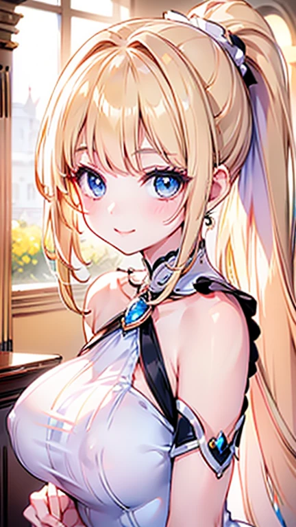 High quality, Best quality , masterpiece, Portrait、、Bright expression、ponytail、Young, shiny, white, glossy skin、Gloss Face、Shining Cheek Gloss、Small Face Beauty、The best beauty、The dazzling light of blonde hair、Bright blonde hair with dazzling highlights、Very beautiful shiny light blonde hair、super long silky straight hair、Her shiny, beautiful bangs are covering her eyes.、Sparkling, clear, attractive, bright, large, pale blue eyes、Very big eyes、eyeliner、very beautiful lovely cute 16 year old girl、young girl, Ample Bust, upper body , (smile:1.2) , (((gorgeous party dress :1.2, ponytail )))),in castle ,huge breast , smile