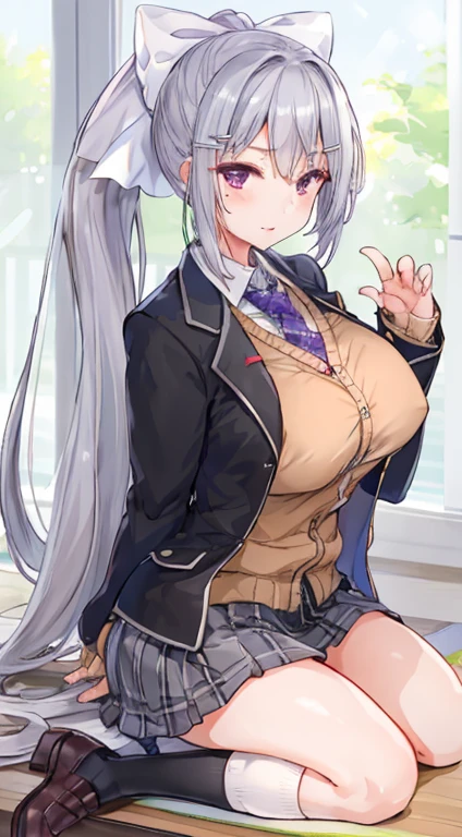 masterpiece, highest quality, High Resolution, Kaede Higuchi, One Girl, Virtual YouTuber, solo, Hair length, Mole under the eye, Skirt, tie, Jacket, Purple eyes, socks, ponytail, hair ornaments, White ribbon, Hair Ribbon, bow, blazer, Very long hair, 紫のtie, Pleated skirt, White socks, Barrette, Open your clothes, cardigan, , knee height, Gray Hair, 黒いJacket, shirt, 襟付きshirt, Plaid, オープンJacket, Bans、Plaidスカート、mini skirt、be patient、白のshirt、Long sleeve、Grey Skirt、Proudly、Plaid tie、squat、Black panties、(Huge breasts:1.5)