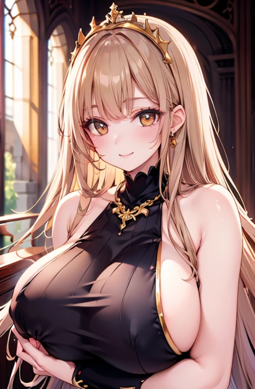 Princess , in castle, high quality, super quality, (detailed face:1.4) ,beautiful woman , golden eyes, long blonde hair , gorgeous dress, tiara, necklace , earring , sharpe eyebrow , beautiful bangs are covering her eyes , (huge breast:1.5)  ,upper body  ,slender , smile 