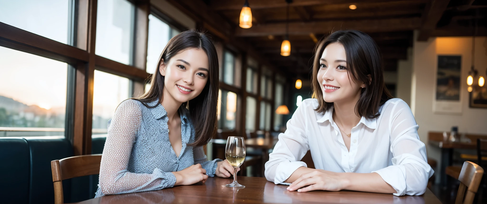 ((highest quality、8k、masterpiece:1.3))、1 male、1 female、Couple、spouse、Couple、Slim body、((Bob Hale、Straight hair:1.2)), (Realistic, Intricate details:1.2), Wine glass on the table、Shine light on your face、 Amazing view of the sunset sky and clouds、Amazing mountain views、A bright smile、The wonderfulness of smile、Bright image、The beauty of wine, Beautiful Face, blue eyes, The light shines on your face, Blushing, short hair,Bright Face、 (Age 37), 39 years old, red wine 、Appetizers、Italian food、Wine bottle、Champagne、sparkling wine、Two beauties、Brown Hair、Shortcuts、Long sleeve shirt、dress、Pretty Woman 1, (Slim face), (The body is slim), (Brown Hair), (Shortcuts), cheeks turn a little red,Attractive beauty、restaurant, In a prominent place (From the waist up) Nova Frog Style, actress, model, Upper Body, White wine, slim, wine glass, Wine glass placed in the center, smile, (smile: 1.15), Beautiful fine grain, Depth f/2,saturation, High Contrast, Strong light and shadow,Moist Body:1.5、3D texture、Delicate eyes、Brown Hair、The hair is very shiny、