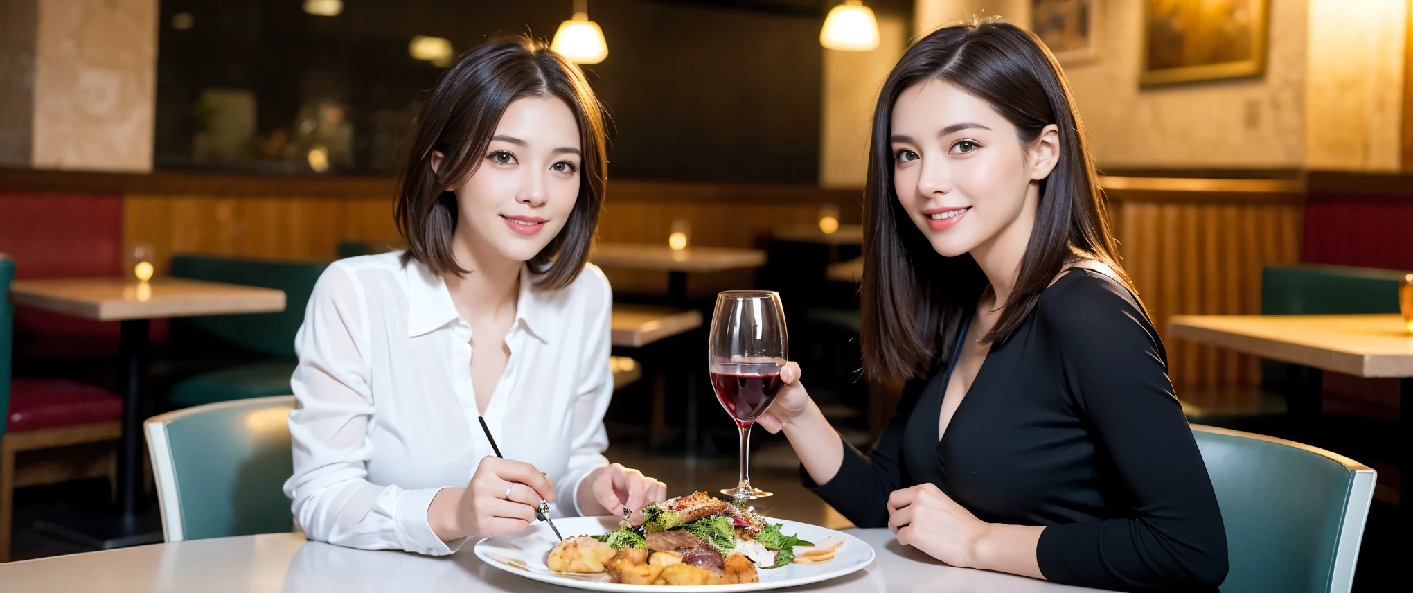 ((highest quality、8k、masterpiece:1.3))、1 male、1 female、Couple、spouse、Couple、Slim body、((Bob Hale、Straight hair:1.2)), (Realistic, Intricate details:1.2), Wine glass on the table、Shine light on your face、 Amazing view of the sunset sky and clouds、Amazing mountain views、A bright smile、The wonderfulness of smile、Bright image、The beauty of wine, Beautiful Face, blue eyes, The light shines on your face, Blushing, short hair,Bright Face、 (Age 37), 39 years old, red wine 、Appetizers、Italian food、Wine bottle、Champagne、sparkling wine、Two beauties、Brown Hair、Shortcuts、Long sleeve shirt、dress、Pretty Woman 1, (Slim face), (The body is slim), (Brown Hair), (Shortcuts), cheeks turn a little red,Attractive beauty、restaurant, In a prominent place (From the waist up) Nova Frog Style, actress, model, Upper Body, White wine, slim, wine glass, Wine glass placed in the center, smile, (smile: 1.15), Beautiful fine grain, Depth f/2,saturation, High Contrast, Strong light and shadow,Moist Body:1.5、3D texture、Delicate eyes、Brown Hair、The hair is very shiny、