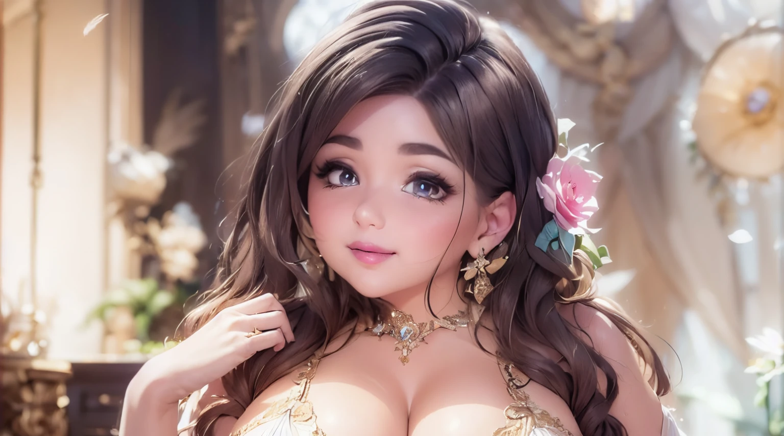 There is a woman in a dress with big breasts, Enchanting anime girl, Gweiz-style artwork, Beautiful and attractive anime woman, Detailed digital anime art, Smooth anime CG art, 8k high quality detailed art, Anime Goddess, Beautiful Anime Girls, wlop and sakimichan, Fan Art Best Art Station, Trending on cgstation