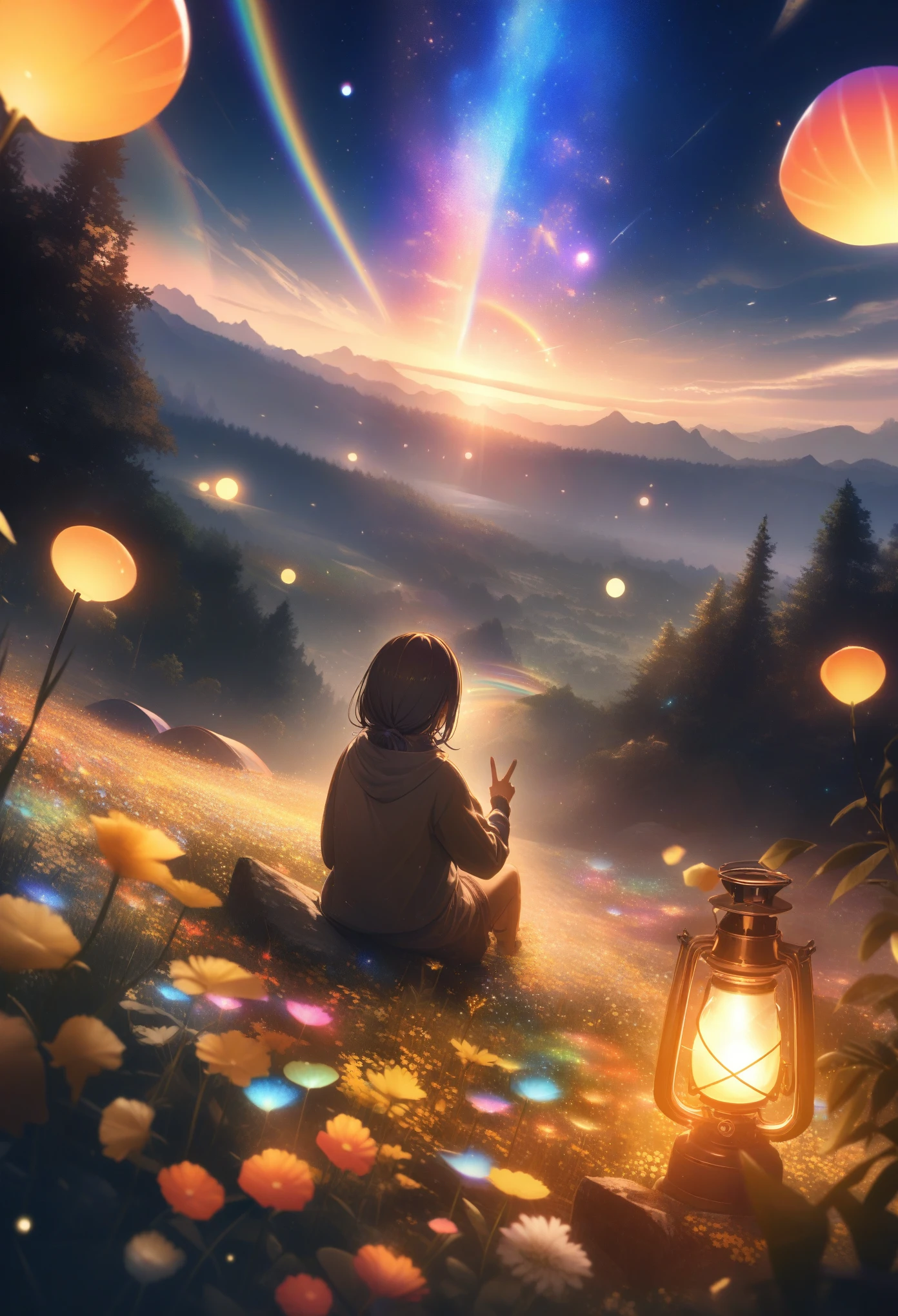 Comfortable campsite, Outdoor Camping, (tent), flashing, H, View Viewer, Solo Focus, Dynamic angle, Ultra-fine, Depth of Field, Wide-angle lens, Wide-ranging landscape photos ,( The field below as seen from above), Man sitting on flower field, (Full Moon), (meteor), (nebula), Distant Mountains, Tree , making art, (Warm light source), (firefly), lamp, Intricate details, Volumetric Lighting , (best quality), Extremely detailed, (dynamic composition), Very detailed, rich and colorful details,( Rainbow Colors), (Luminous lighting, Atmospheric lighting), Dreamy, magic, lens flare, (rich and colorful), lamp光, high resolution, Clear focus, Smooth, rich and colorful light, particle, Galaxy color scheme
