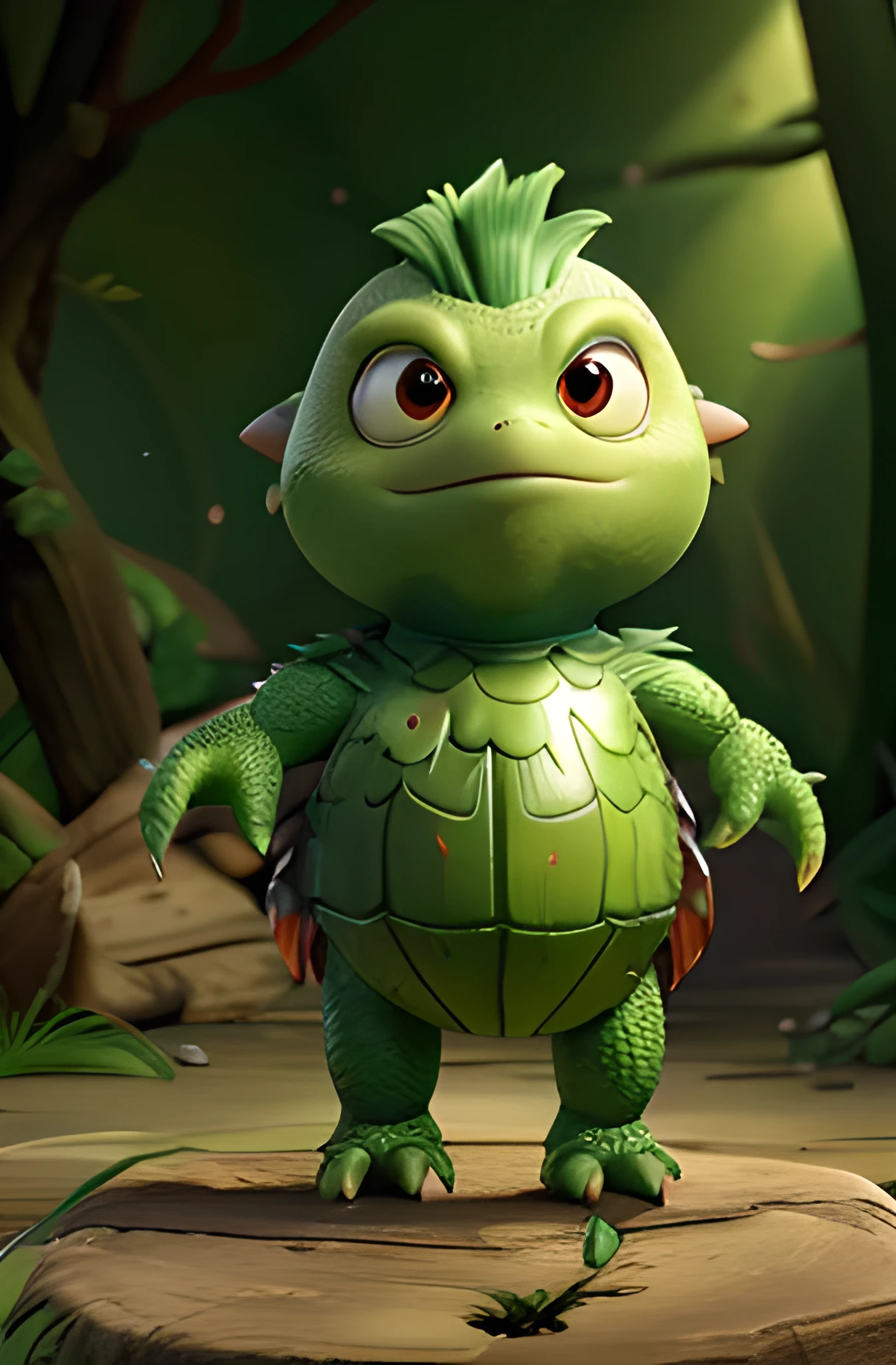 ((full body)), humanoid shape, turtle-like shell on the back, green skin, beak-like mouth, dish filled with water on the head, sparse hair on the top of the head with a circular bald spot, webbed hands and feet, long fingers and sharp claws, pointed ears, expressive large eyes, HD, 8k
