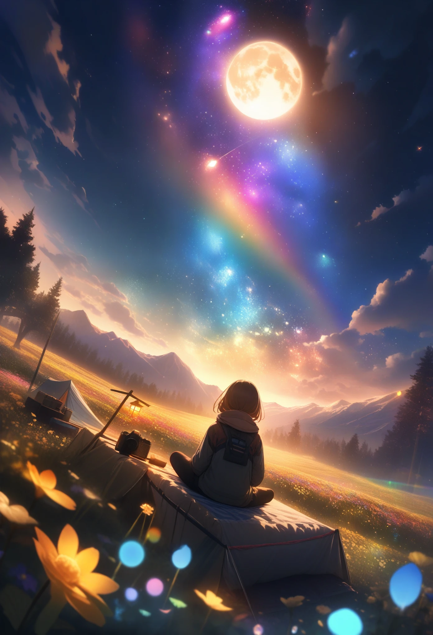 Comfortable campsite, Outdoor Camping, (tent), flashing, H, View Viewer, Solo Focus, Dynamic angle, Ultra-fine, Depth of Field, Wide-angle lens, Wide-ranging landscape photos ,( The field below as seen from above), Man sitting on flower field, (Full Moon), (meteor), (nebula), Distant Mountains, Tree , making art, (Warm light source), (firefly), lamp, Intricate details, Volumetric Lighting , (best quality), Extremely detailed, (dynamic composition), Very detailed, rich and colorful details,( Rainbow Colors), (Luminous lighting, Atmospheric lighting), Dreamy, magic, lens flare, (rich and colorful), lamp光, high resolution, Clear focus, Smooth, rich and colorful light, particle, Galaxy color scheme