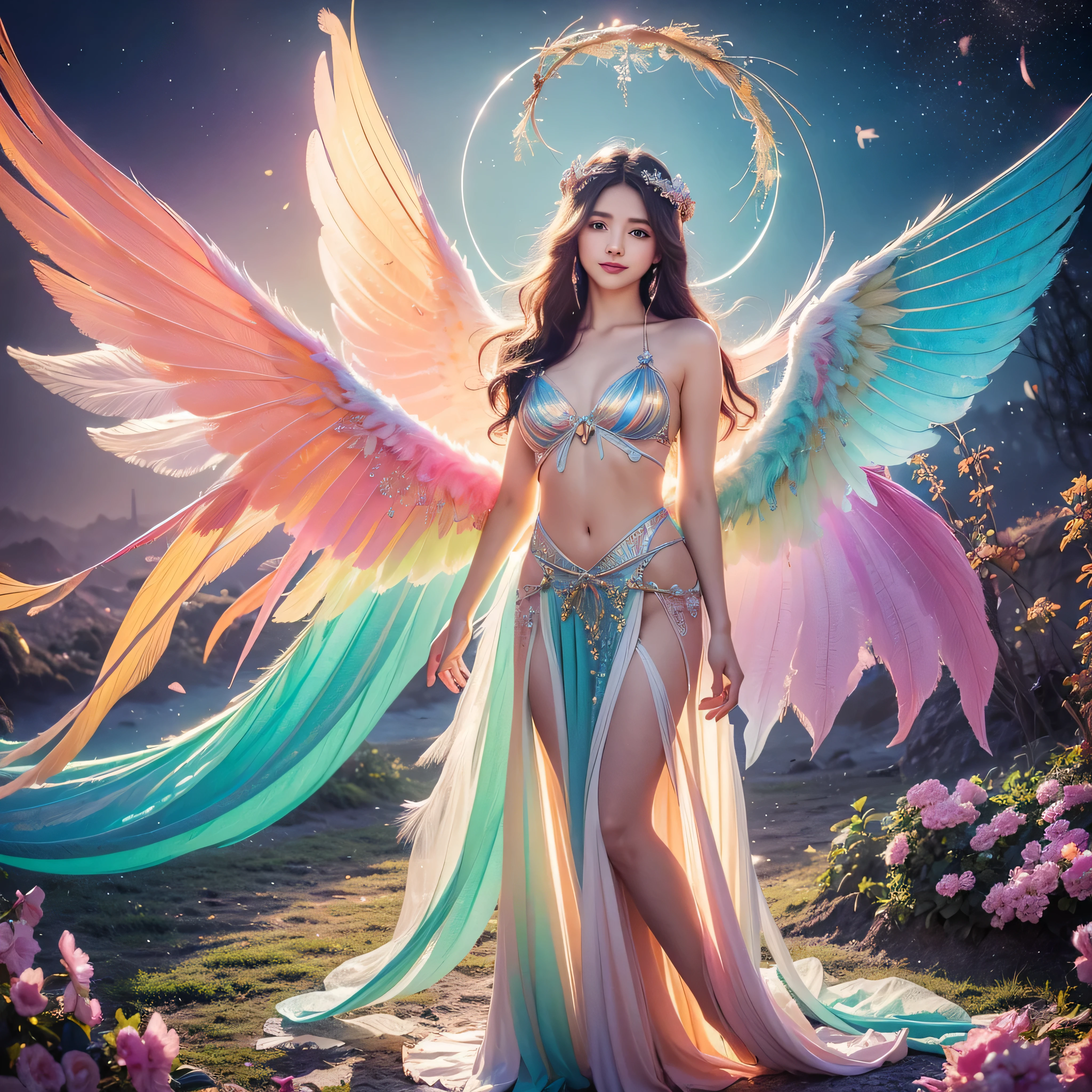 1girl, 23 years old, standing regal with open hands, symmetrical and fractal, multi-color pastel long hair, colorful (1.2), lies in a bird's nest and hatches (1.2), perfect face, sexy linagerie, oil smooth skin,  kinky and sexy smile, looking at the viewer, fairy wings, Big fairy wings, multi color pastel feather wings, fairy vibe , background of mystic realm and magic, the particles of magic light with multi color , wind forming particles in seamless fractal pattern, warm light, epic scene , HDR+, extreme detailed ,Nikon D850, masterpiece, devianart, photo-real painting