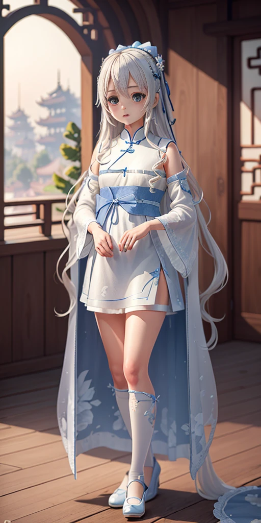 ((best quality)), ((masterpiece)), ((Extremely detailed)), (illustration), (Detailed lighting), (Extremely delicate and beautiful),Charming young girl,Long white hair,Blue sky,(Chinese Garden),Silky