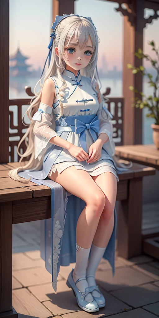 ((best quality)), ((masterpiece)), ((Extremely detailed)), (illustration), (Detailed lighting), (Extremely delicate and beautiful),Charming young girl,Long white hair,Blue sky,(Chinese Garden),Silky