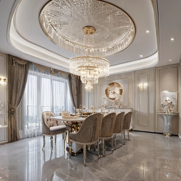 ,Masterpiece, Best quality,8K, Ultra-high resolution,When you step into the kitchen and dinning room ,Immediately surrounded by a rich atmosphere of luxury。Ornate crystal chandeliers hang high on the wall,Shine brightly. Embellished with precious porcelain and champagne gold ornaments。Whenever it is late afternoon,The afterglow from the window spilled on the floor,Soft light and shadow are reflected,It was as if entering a dreamland。