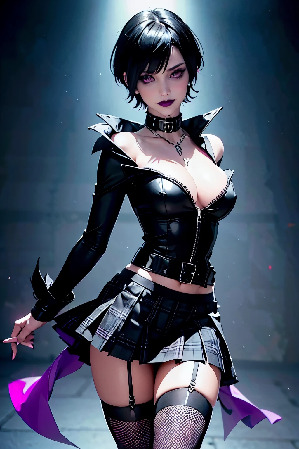 wicked sexy goth girl, plaid black-and-purple pleated miniskirt, tucked in black buttoned skirt, raven haired short pixie cut, black lipstick and eyeshadow, fishnet stockings, Maryjane high heels, hip swaying pose,sultry smile, extreme tetail description,professional,natural and soft anime colors with a dreamy atmosphere,