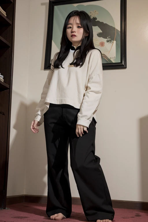 Vietnamese Girl sees the ghost and pees her black ao dai pants in fright.