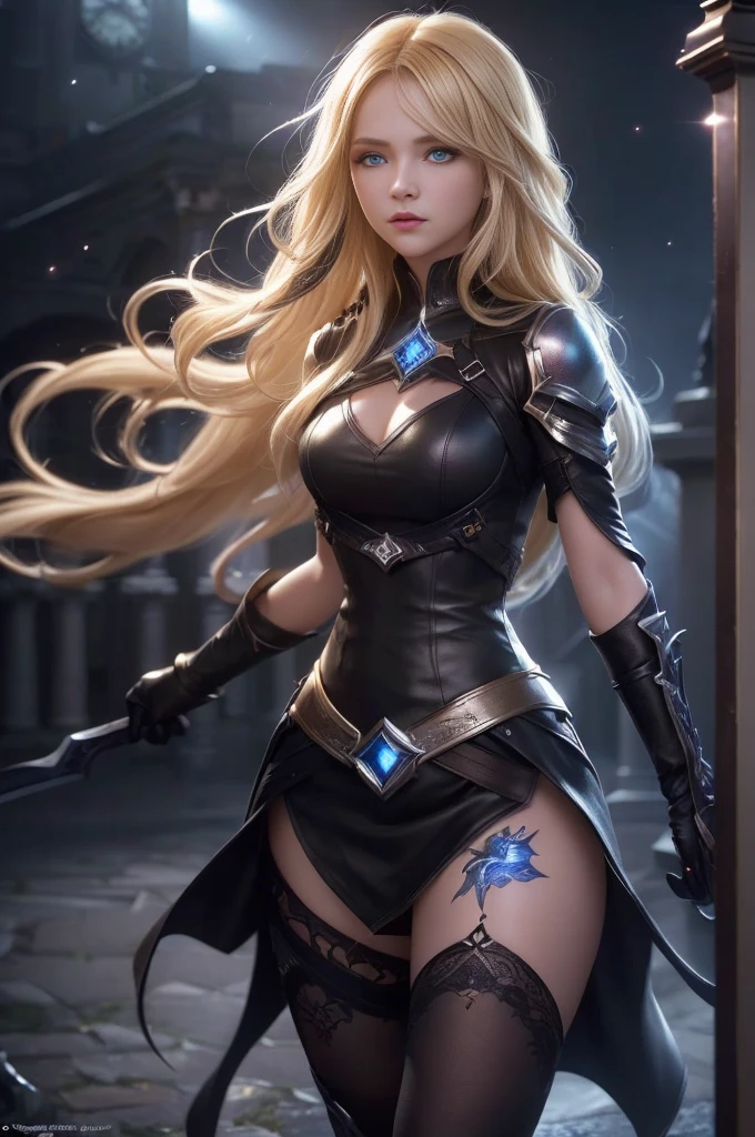 (Extremely detailed CG unity 8k wallpaper,masterpiece, best quality, Extremely detailed),(Optimal lighting, The best shadow, Extremely delicate and beautiful),floating,High saturation,Blonde Hair+blue eyes:1.2,gloomy gothic landscape, long hair, Staring into the distance. (A beautiful girl with long Blonde Hair and blue eyes sparkling gothic lighting)