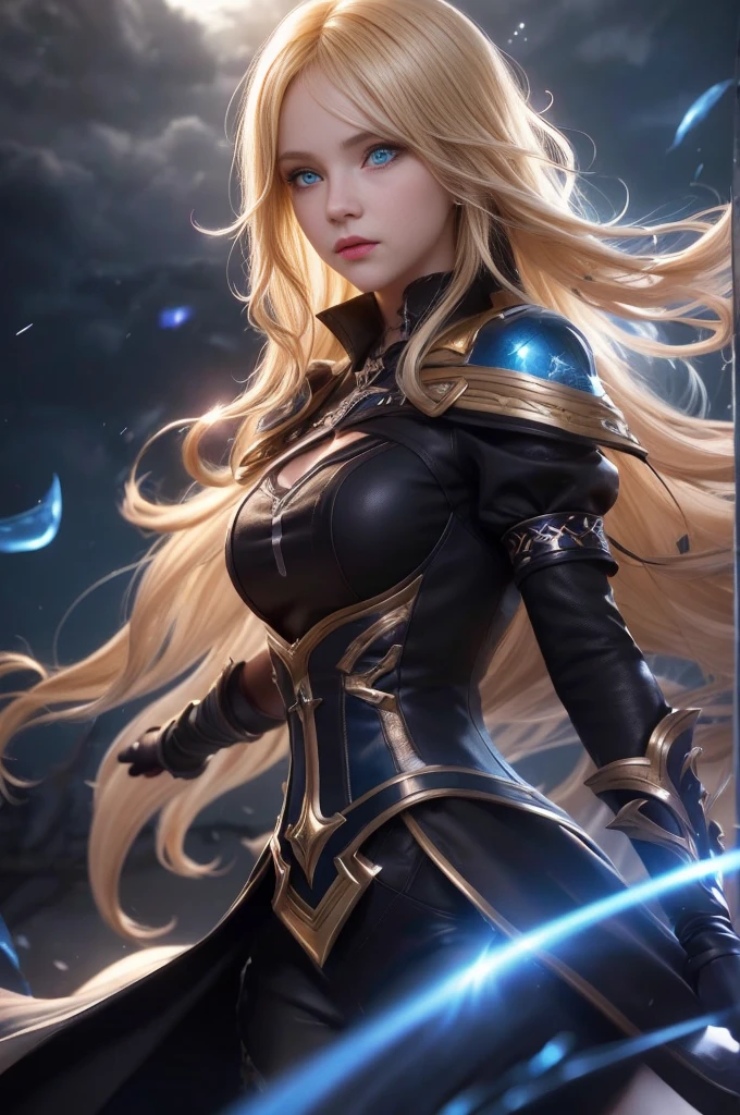 (Extremely detailed CG unity 8k wallpaper,masterpiece, best quality, Extremely detailed),(Optimal lighting, The best shadow, Extremely delicate and beautiful),floating,High saturation,Blonde Hair+blue eyes:1.2,gloomy gothic landscape, long hair, Staring into the distance. (A beautiful girl with long Blonde Hair and blue eyes sparkling gothic lighting)