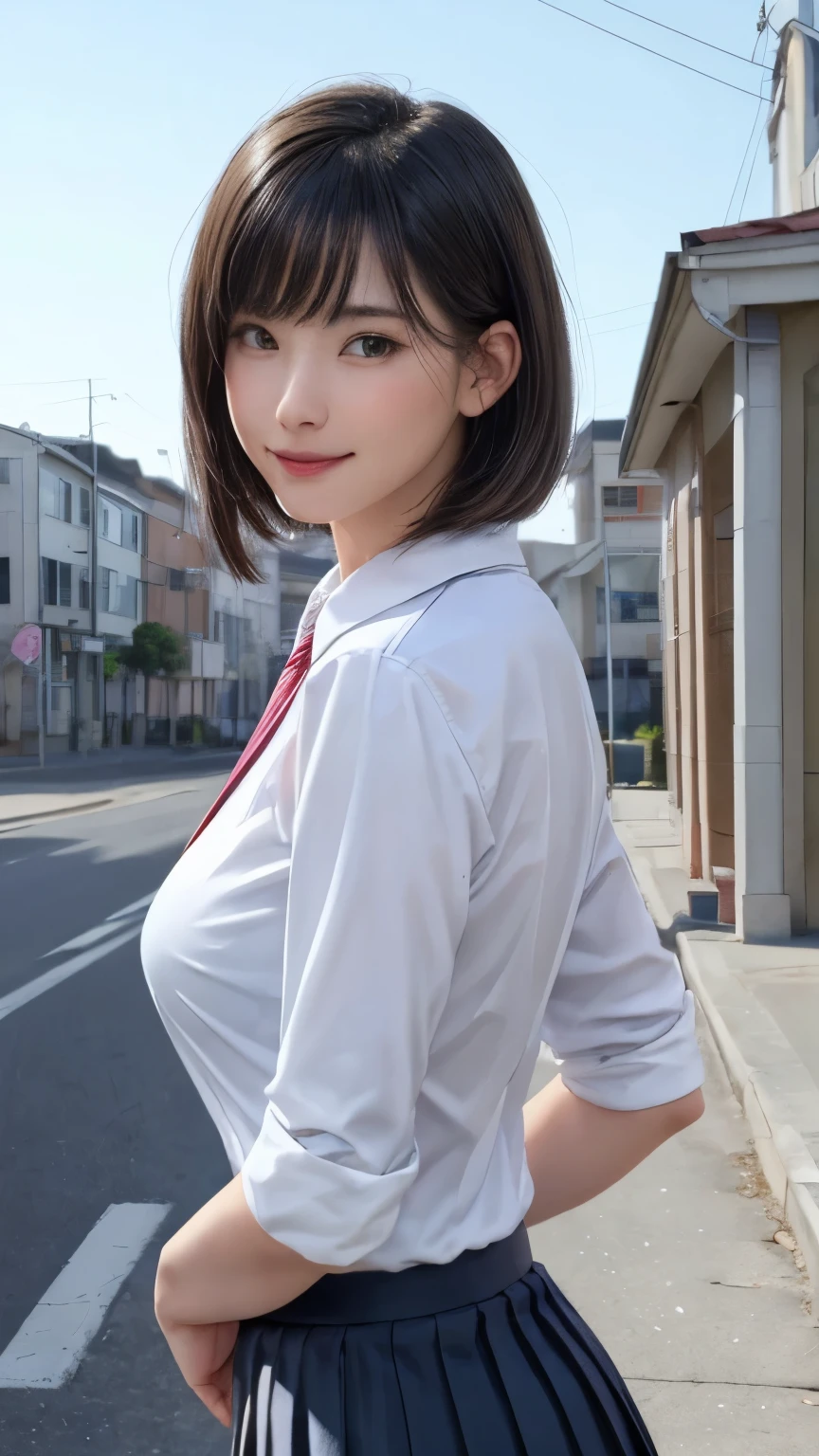 (masterpiece:1.3), (Realistic, RAW Photos, highest quality: 1.4), (One Girl), Beautiful Face, (超Realistic Face、シンメトリーのBeautiful Face), (Short black hair, short hair:1.6、bangs:1.3、Show off your beautiful ears), Beautiful Hairstyles, (Realistic eyes), Beautiful details, Long eyelashes, (Realistic Skin), Beautiful Skin, [Big Breasts:1.3], {Huge|big|Hugeな|Mega} chest, (Perfect body:1.3), (Detailed body:1.2), (tie), (Collared shirt, Pleated skirt:1.3), Absurd, charm, Ultra-high resolution, Ultra-realistic, Very detailed, Golden Ratio,Very cute beautiful woman、28 years old、Beautiful angle from behind、Background in front of the school building、smile、shut up.