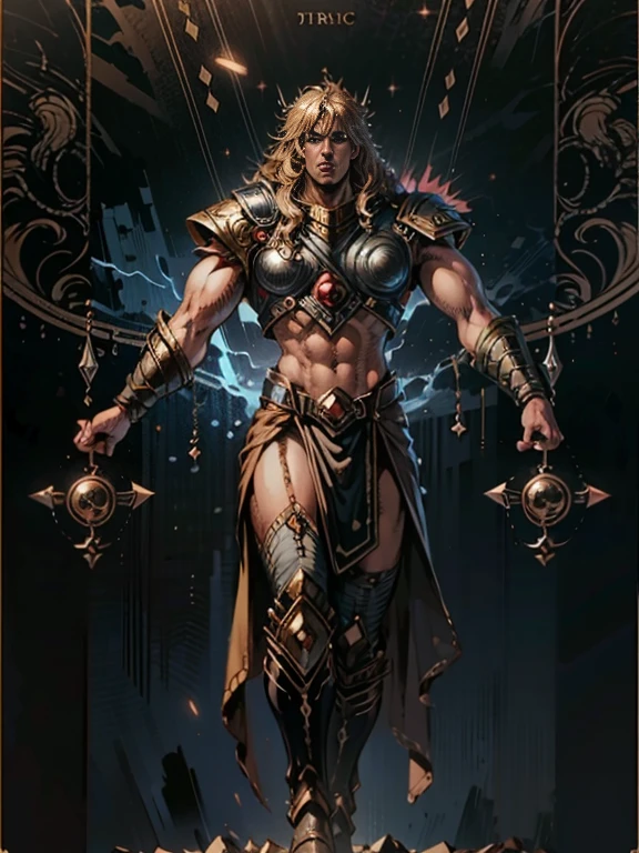 (best quality, masterpiece), (tarot, tarot card,:1.1) ((Heroic Fantasy)) Painting, Thor torso shot, medium shot, (((Thor God of thunder and justice))) best quality, ultra-high resolution, 4K detailed CG, masterpiece, long hair and beard, Norse Mythology, heroic fantasy epic painting style, Fantasy style aesthetic, black background, golden, glorious, epic background, epic vibe, in the style of HNKstyle