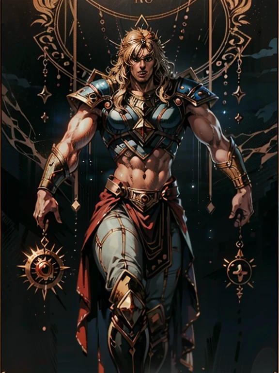 (best quality, masterpiece), (tarot, tarot card,:1.1) ((Heroic Fantasy)) Painting, Thor torso shot, medium shot, (((Thor God of thunder and justice))) best quality, ultra-high resolution, 4K detailed CG, masterpiece, long hair and beard, Norse Mythology, heroic fantasy epic painting style, Fantasy style aesthetic, black background, golden, glorious, epic background, epic vibe, in the style of HNKstyle
