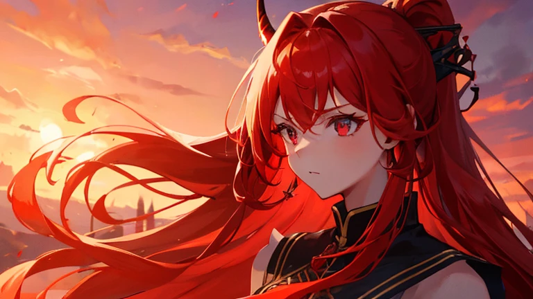 girl with red long hair, hair tied up, eyes upturned, cool girl, red sexy royal clothes, 8k resolution, red sky, horn, magic, fantasy