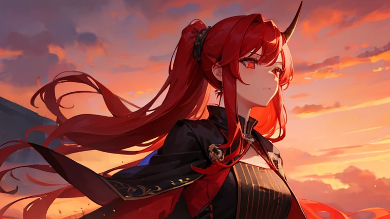 girl with red long hair, hair tied up, eyes upturned, cool girl, red sexy royal clothes, 8k resolution, red sky, horn, magic, fantasy 