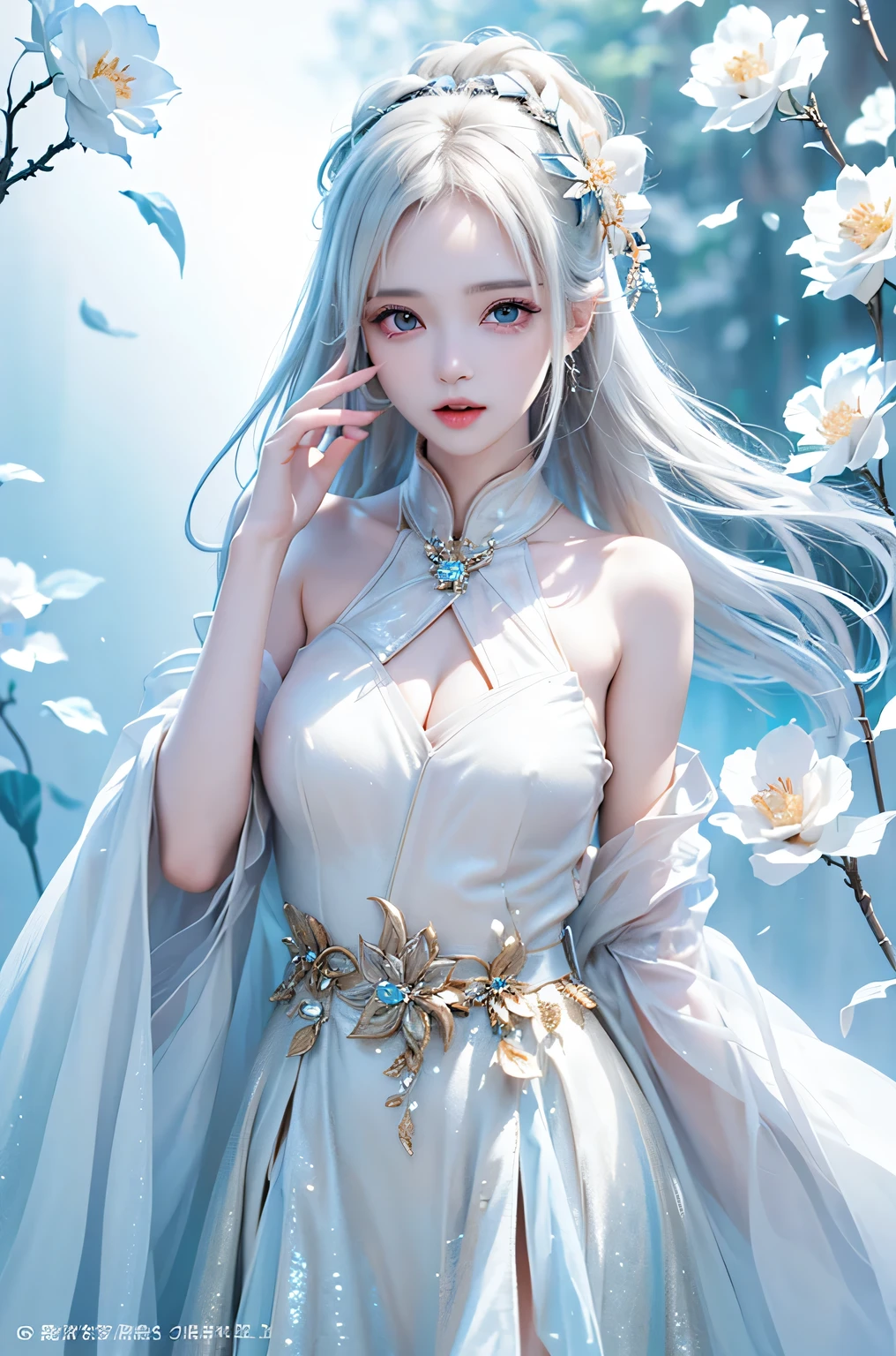 ((From the waist up))((masterpiece:1.5、8k、Portraiture、Photorealistic and very detailed CG、Very detailed、Particle Effects、Dynamic Effects、Written boundary depth、Cinematic Light、Lens flare、Ray Tracing、Tabletop、Realistic:1.4、超A high resolution:1.2、Realistic、Realistic))((alone、Woman in off-the-shoulder dress:1.4、Model-like pose、Ample breasts、Detailed face、brightexpression、young, bright, Whiter skin、Best Looks、Ultimate beauty、White hair with shiny highlights:1.8、bright and shiny hair,、Super long, Silky straight hair、Hair swaying in the wind))(Wonderful transparent flower々Surrounded by、White Background、Great background、Thin petals fluttering down)