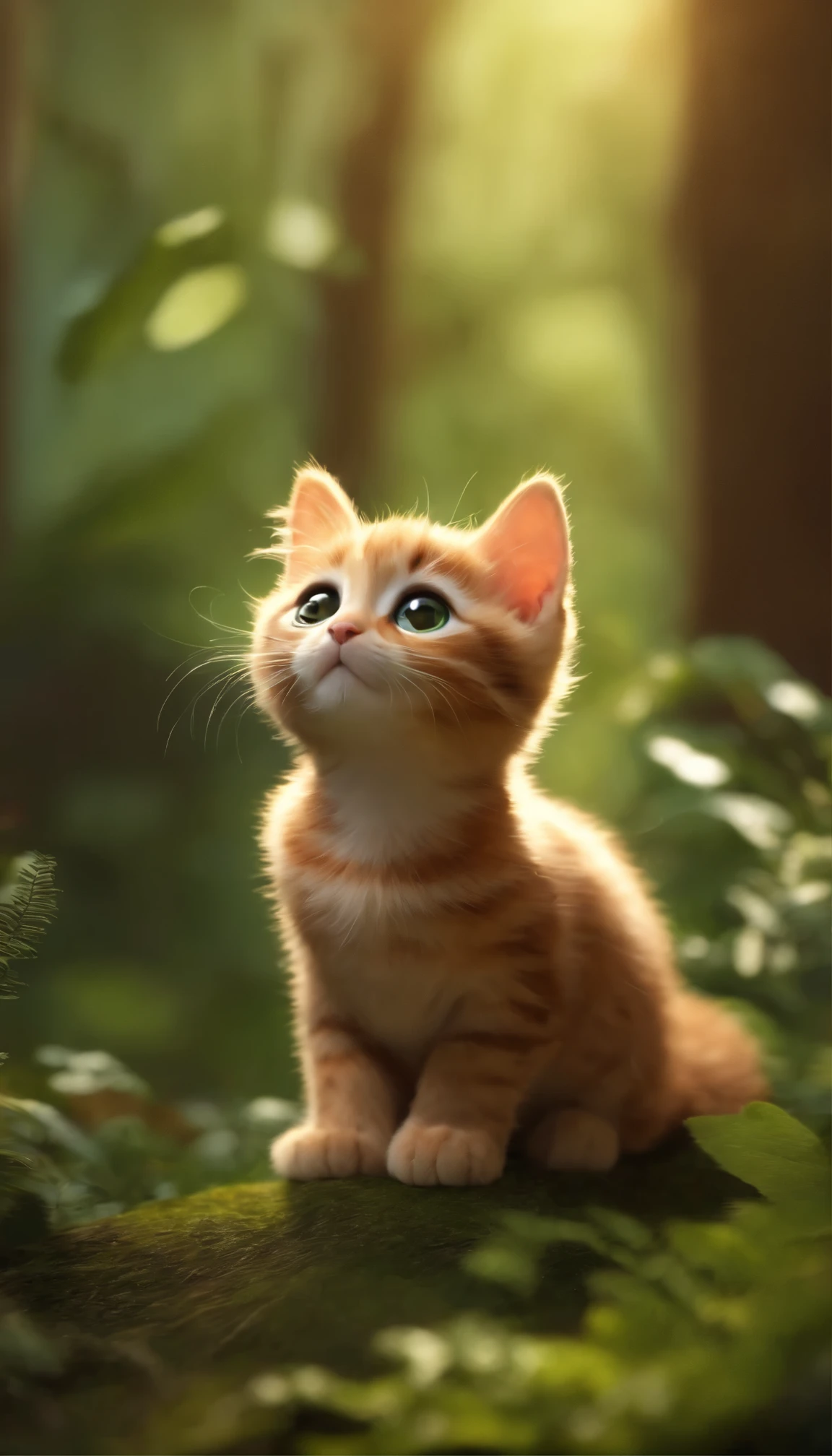**[cutecore, tinycore, naturecore] tiny cute cat, forest, playing, looks enjoy, pixar style eyes