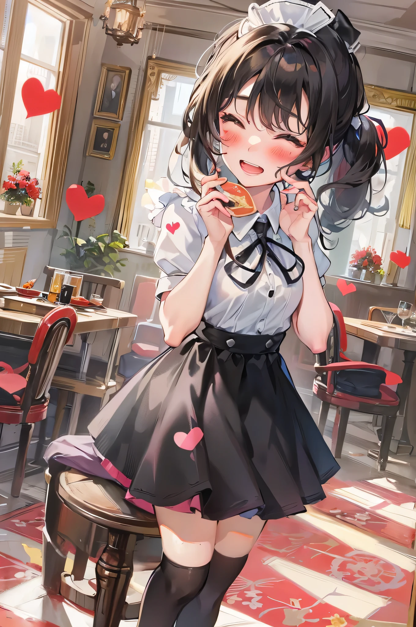 (Waitress Style) (solo blunt bungs black hair long hair cute:1.2 waitress girl, sexsy closed eyes, love smile, open mouth), (15 yo) (in a cute waitress uniform, lovely skirt, heart apron), (hand holding a A tray carrying Heart-shaped pancakes), BREAK, (in the lovely Trattoria), perfect anatomy, masterpiece, best quality, 16k, beautiful detailed grow, daydreaming expression)